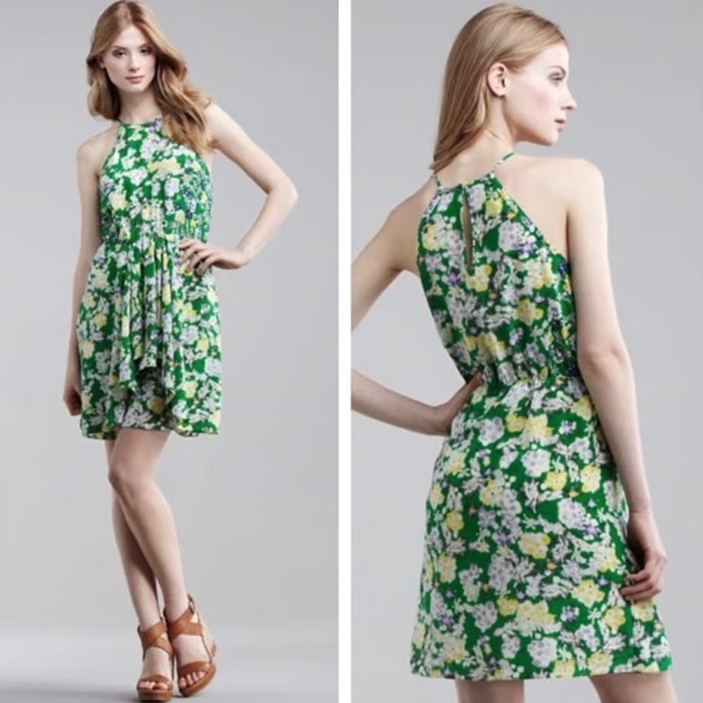 Rebecca Taylor Green Floral garden print silk sleeveless Dress size 4